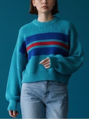 Pull&Bear Turquoise Striped Crewneck Sweater